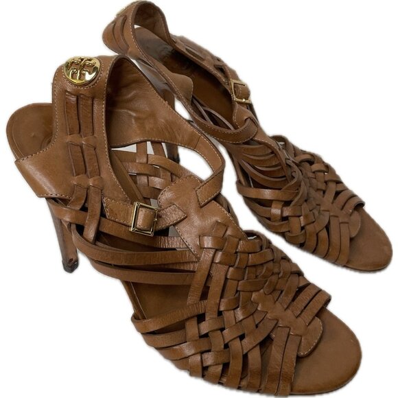 Tory Burch Nadia Brown Woven Leather Huarache Sandals Heels Size 9M Logo - Picture 2 of 10